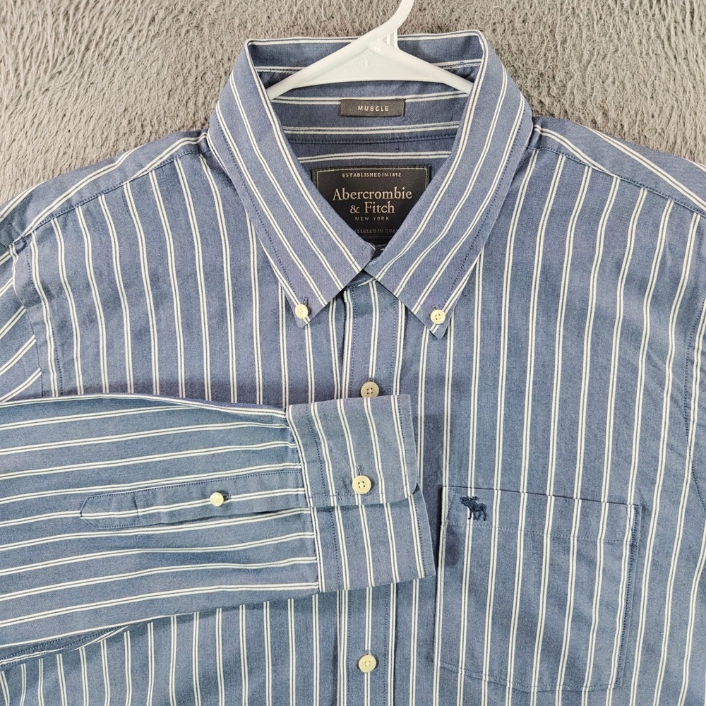 Abercrombie & Fitch Mens XXL Blue White Striped Muscle Fit Button‎ Down Shirt